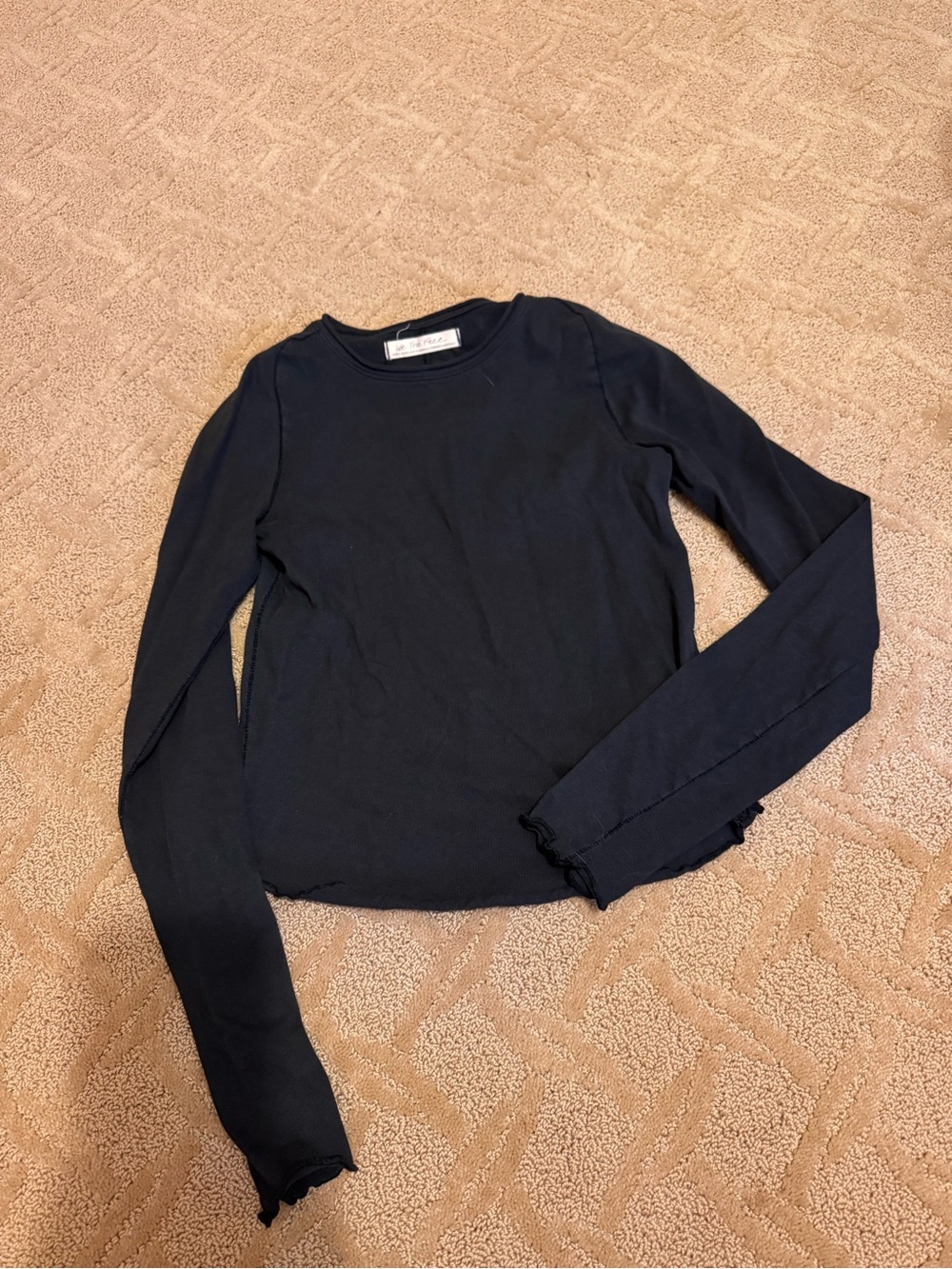 Free People Black Long Sleeve Ribbed Tee with Lettuce Trim